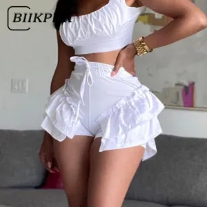 BIIKPIIK 2022 Summer Women Drawstring High Waist Shorts Slim Elegant Tiered Short Trousers Solid Party Fashion Casual Streetwear