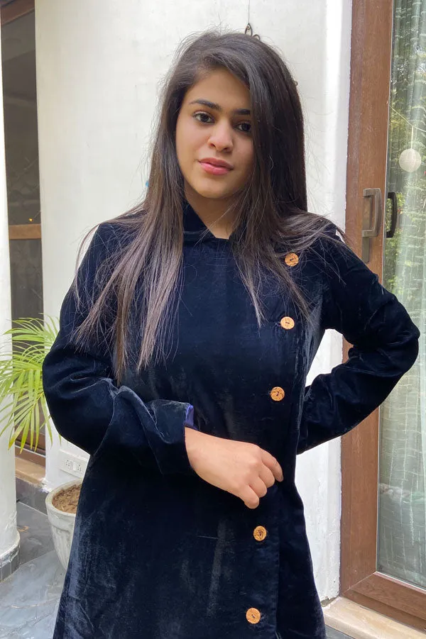 Navy Blue Velvet Travel Coat for Women