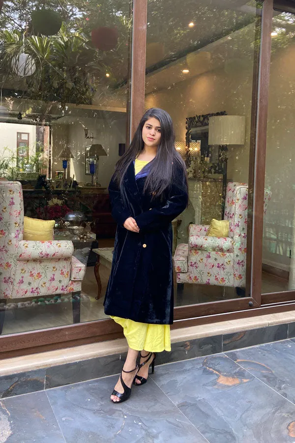 Navy Blue Velvet Travel Coat for Women