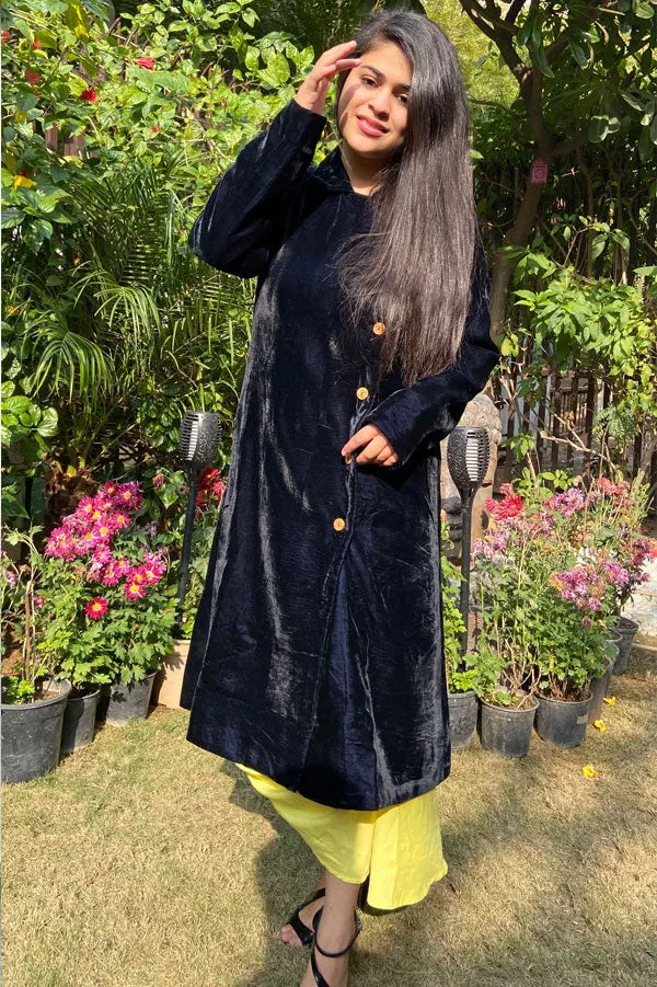 Navy Blue Velvet Travel Coat for Women