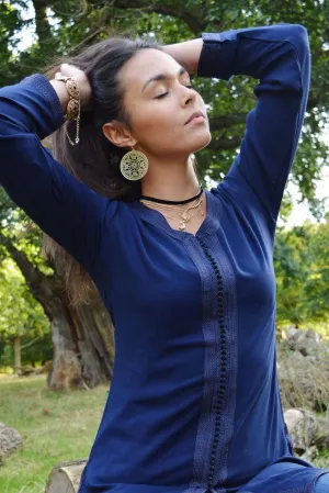 New Navy Blue Magrib Moroccan Embroidery Shirt Tunic